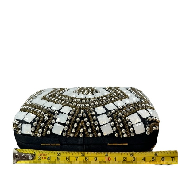 Santi India Beaded Evening Clutch Bag Hard Shell White & Gold on Black 7"W NWT - Picture 10 of 10